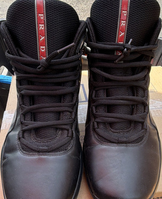 PRADA Linea Rossa Black/Red Leather High Top Lace-Up Sneaker 4T2871