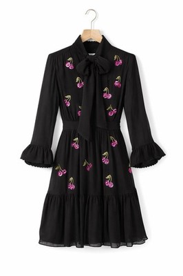Kate Spade schwarz Chiffon Kirsche Pailletten Rüschen Kleid Größe 6 
