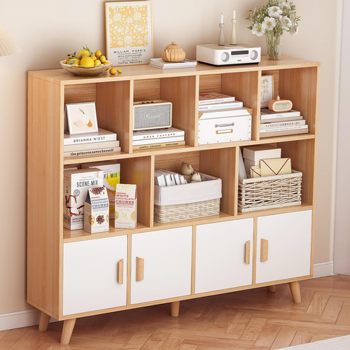 Cubby Shelf Bookcase with Doors - Wooden 11 Cube Floor Standing Open Bookshel...