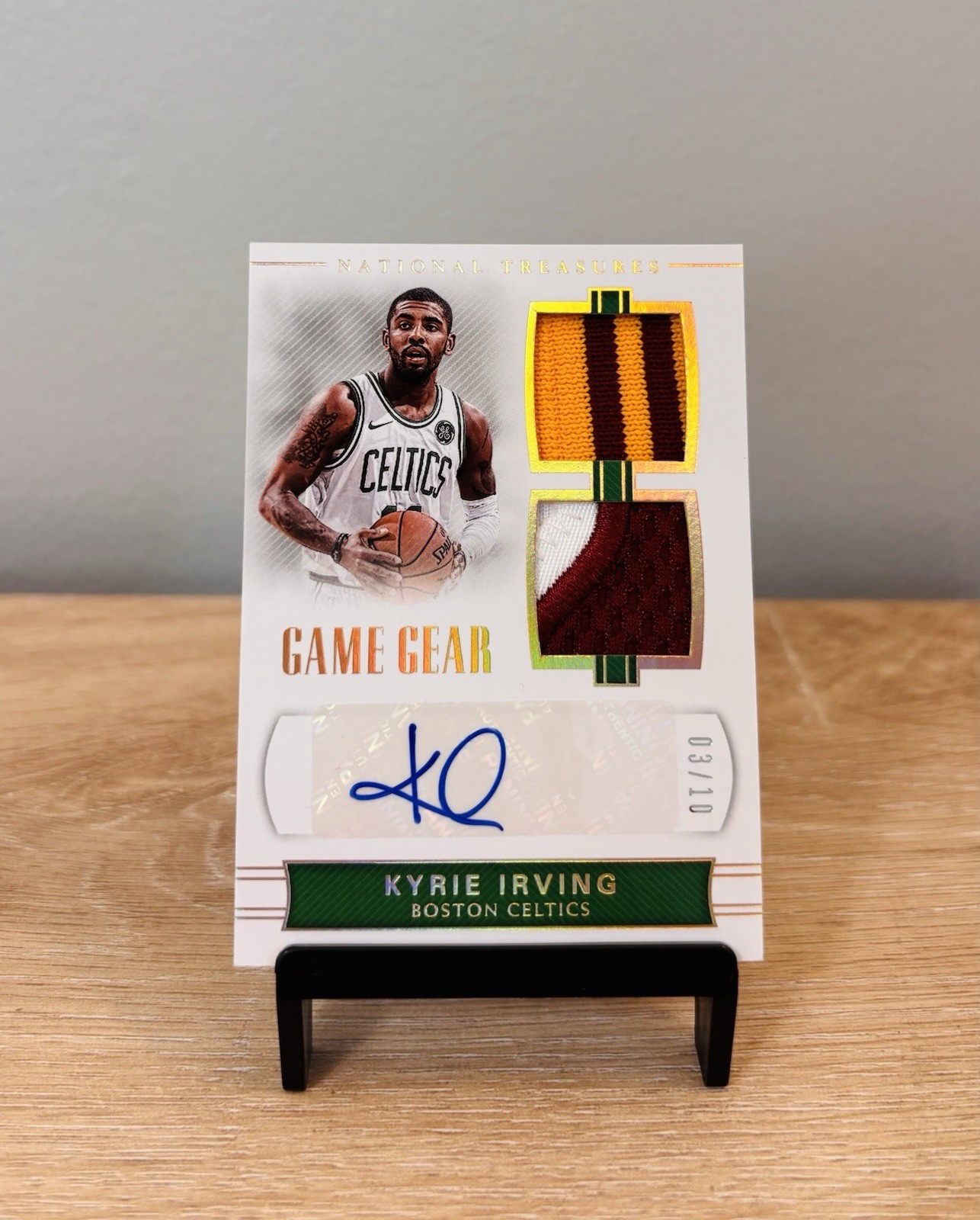 2017 National Treasures Kyrie Irving Game Gear Gold Patch Auto /10 SSP Game Used view 1