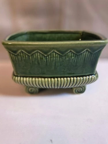Vintage Green Rectangular Footed Planter Bonsai Pot Zigzag Rim Scroll Base 4.5”