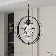 Farmhouse Orb Chandelier, Black Crystal Pendant Ceiling Light, Height Adjustable