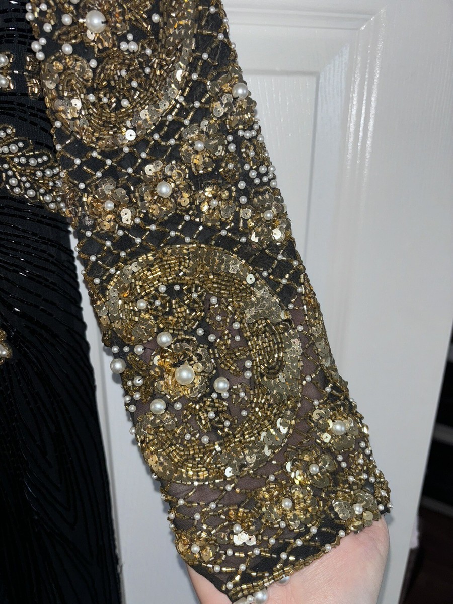 oleg cassini black tie beaded dress 1980s Oleg Cassini Black Tie Beaded Black Dress With Dangling Trim