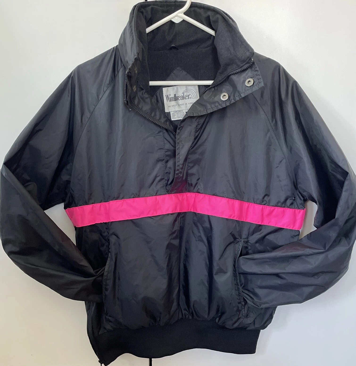 VTG 1980s / early 90s Windbreaker Zip Pullover Jacket Neon Pink Black Colorblock