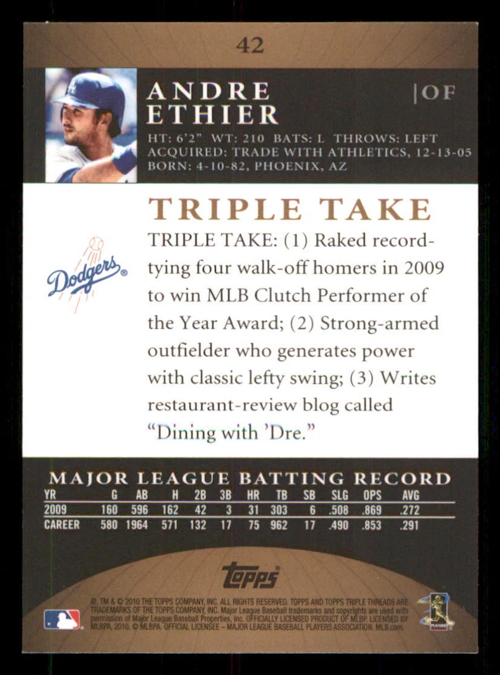 2010 Topps Triple Threads Sepia #42 Andre Ethier /525 - Image 2 of 2