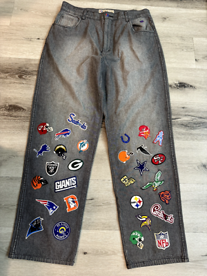 G UNIT NFL Embroidered Jeans Size 34 Vintage Team Patches Black