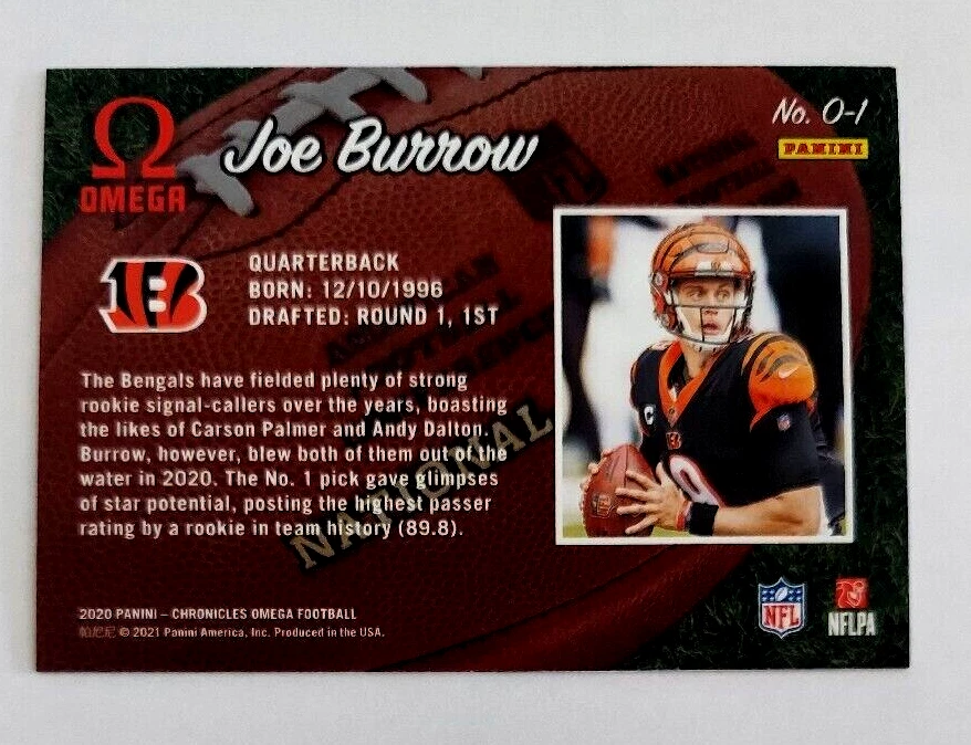 Joe Burrow BLUE Omega RC 75/99 Cincinnati Bengals Rookie O-1 2020 Chronicles - Image 2 of 3