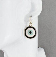 Black Blue Gold evil eye earrings round medallion pendant 1 5/16" long evil eye