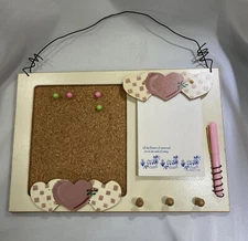 Vintage Wood Message Bulletin Board Cork, Key Pegs & Pad Painted Country Hearts