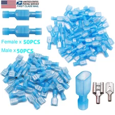 100PCS Male Female Insulated Wire Terminal Spade Crimp Connectors Blue 16-14 AWG