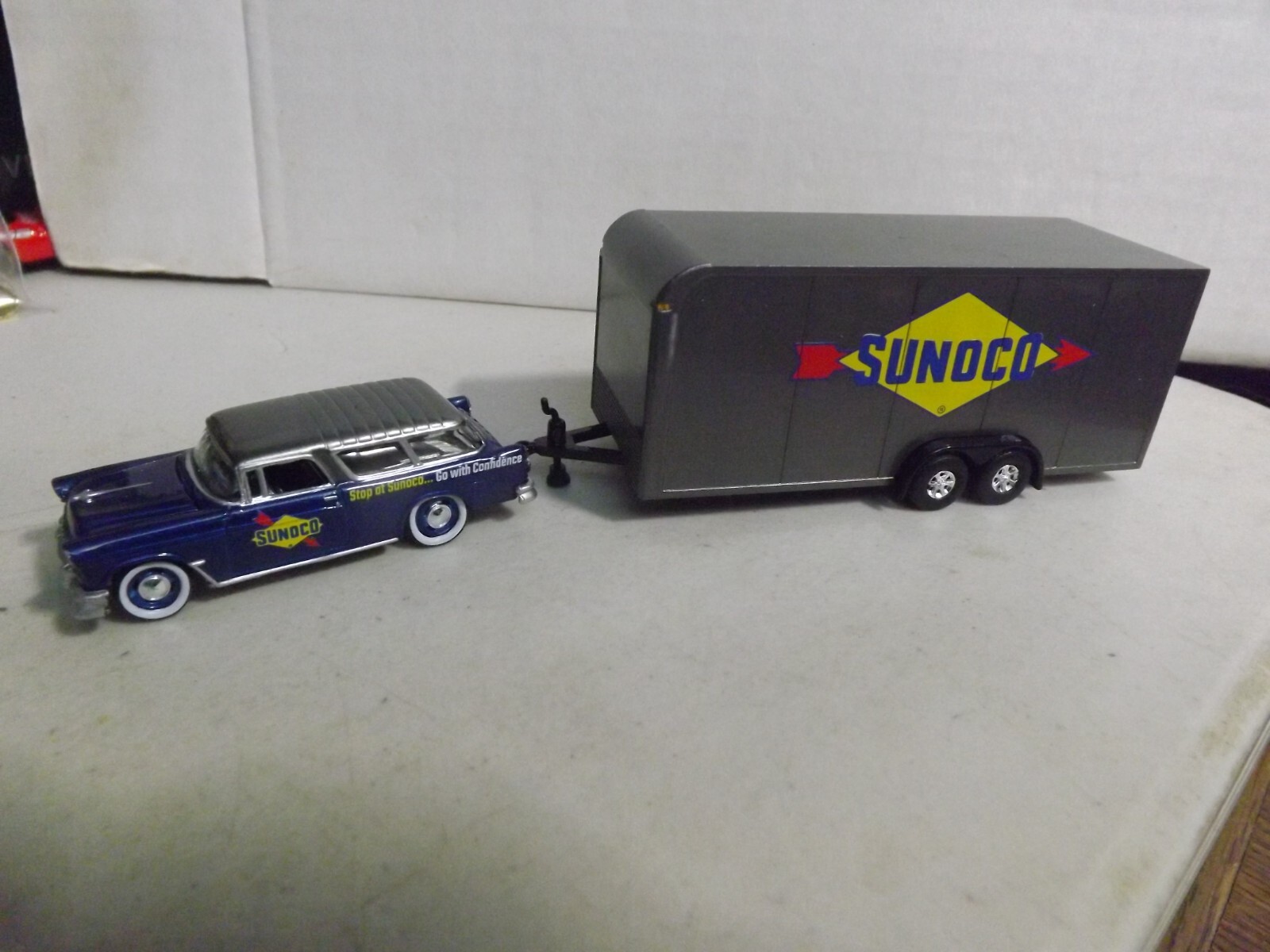 Johnny Lightning Sunoco Blue 1955 Chevy Nomad with Enclosed Car Trailer