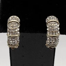 Vintage Gold Tone W/ Rhinestones Huggie Cuff Clip On Earrings 