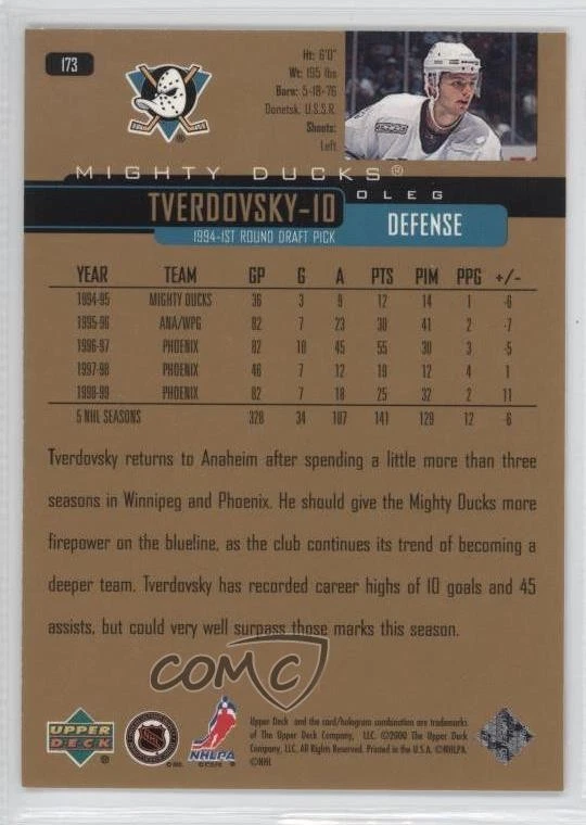 1999-00 Upper Deck Gold Reserve Oleg Tverdovsky #173 - Image 2 of 2