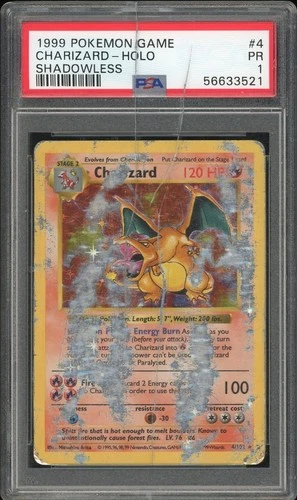 1999 POKEMON BASE SET SHADOWLESS #4 CHARIZARD-HOLO PSA 1 SEE DESCRIPTION