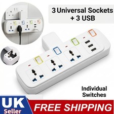 6-in-1 Multi Plug Extension 3 Way 3 USB with Individual Switched Wall Socket