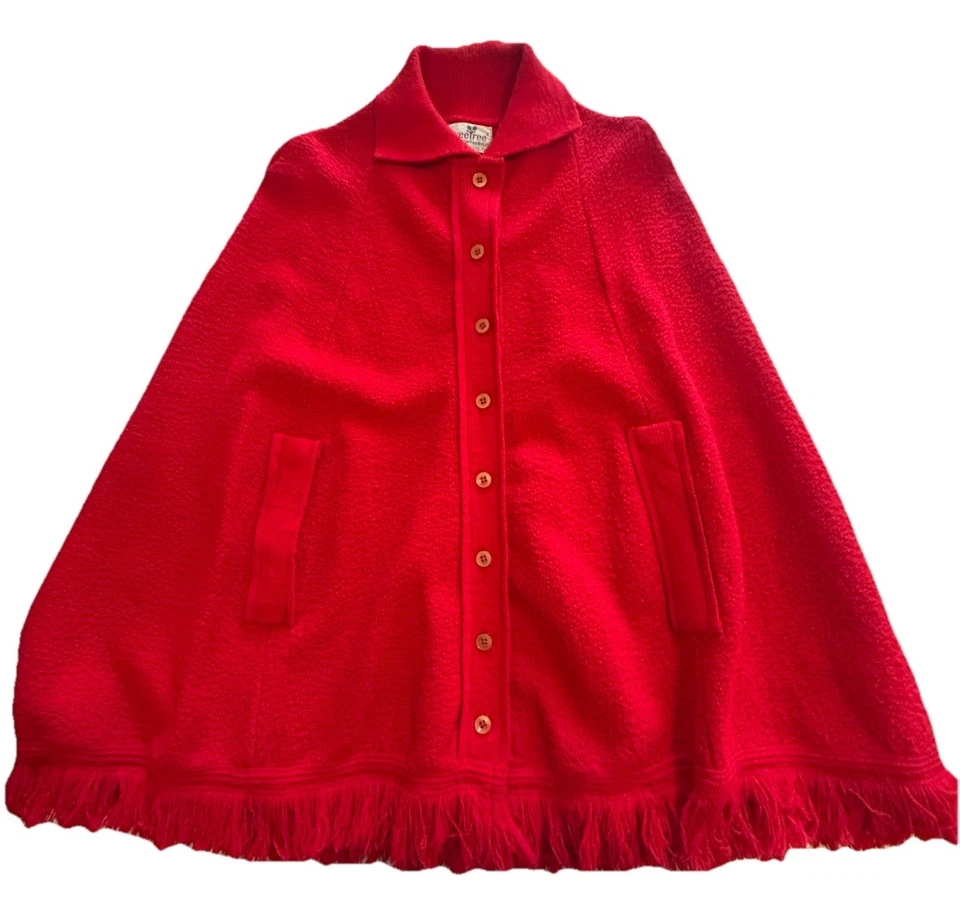 Poncho Suéter Cárdigan MCM Rojo Abuela Capa Flecos Años 60 Orlon Acrílico SweeTree Foto 2 de 4