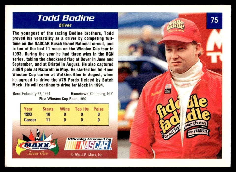 Todd Bodine 1994 Maxx #75 Butch Mock Motorsports - Image 2 of 2