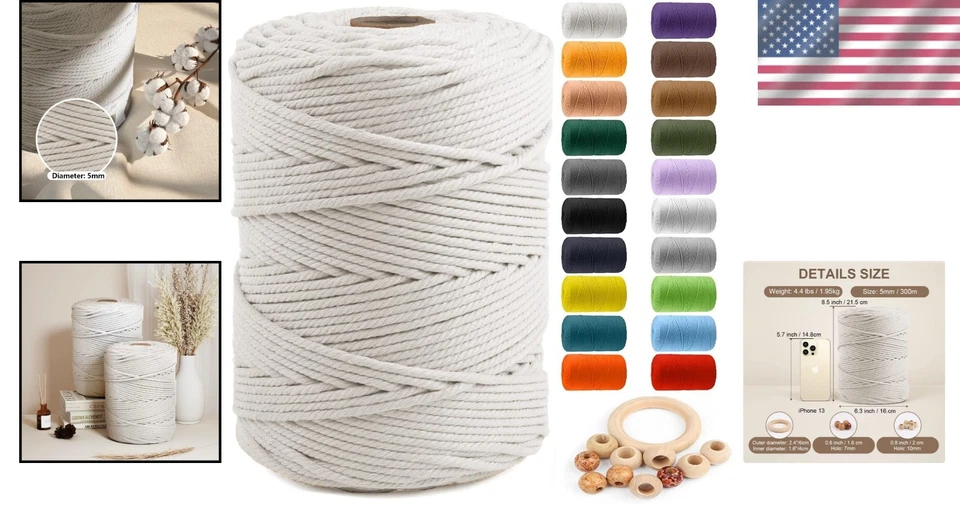 Натуральный хлопковый шнур 5 мм 328 ярдов бежевый белый сделай сам веревка для рукоделия - Изображение 2 из 4