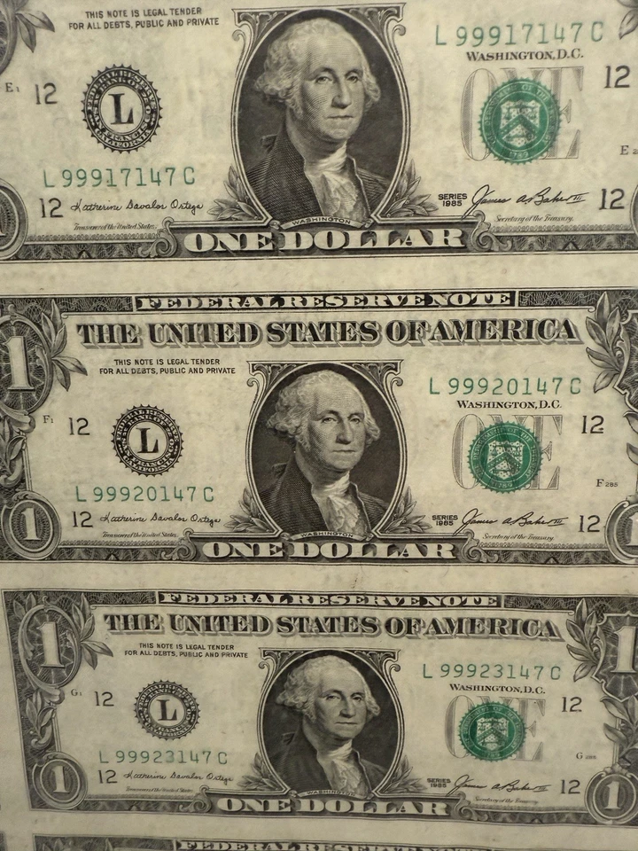 1985 Series Uncut Sheet Of 32 $1 Dollar Bills BEP USA Federal Reserve Framed - Image 4 of 4