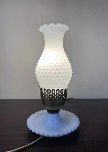 VTG Hobnail Milk Glass Electric Lamp White Brass Boudoir Cottage Core 11.5"