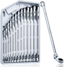 Extra Long Ratcheting Wrench Set, Flex Head & Fixed Offset Head Double Box