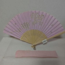 Cherry Blossom Pattern Folding Fan with Case, Pink, Bamboo and Paper, Used