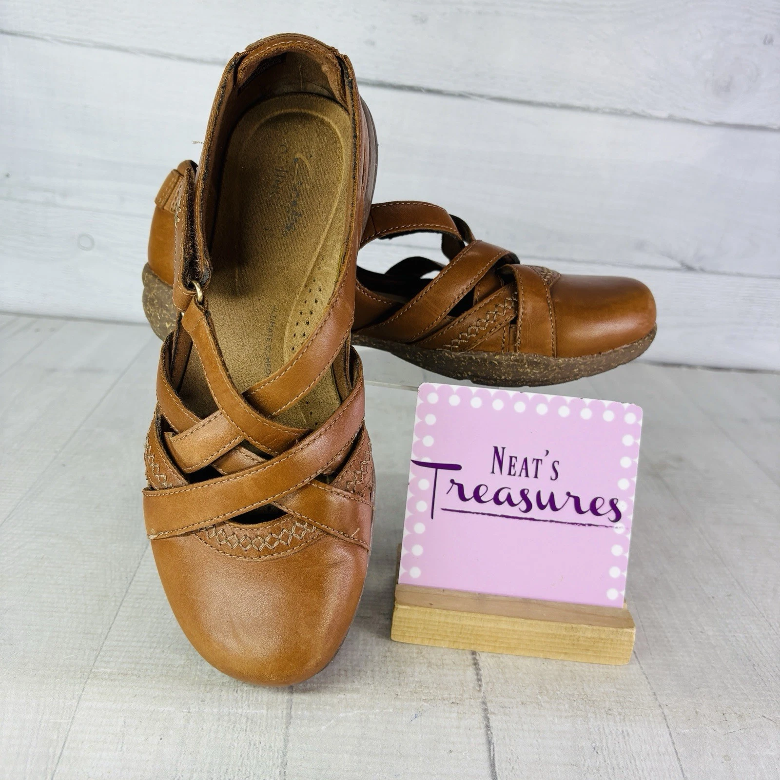 Scarpe basse Clarks ROSEVILLE in pelle marrone con cinturino regolabile Mary Jane taglia 7 M