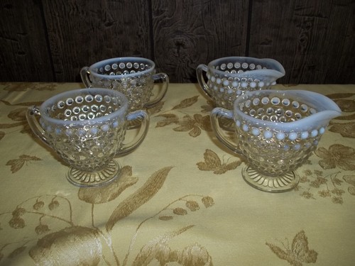 2 Sets Vintage Hobnail Moonstone Opalescent CREAM & SUGAR ; Clear with White Rim