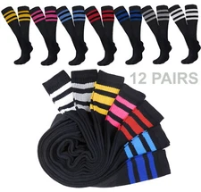 12 PAIRS BLACK STRIPED TUBE SOCKS FULL CUSHION OLD SCHOOL LONG SOCKS SIZE 10-15