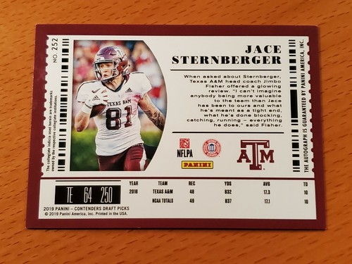 2019 Contenders Draft Cracked Ice #252 Jace Sternberger A&M Packers TE #'d 21/23 - Picture 2 of 2