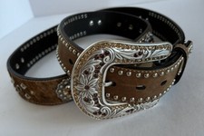 Nocona Western Womens Belt Conchos Calf Hair Rhinestones Brown XL Like New
