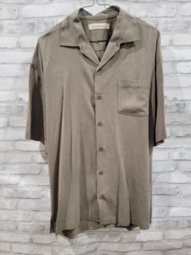 Tommy Bahama Men Large 100% Silk Dark Khaki Green Palm Leaves Shirt Button Down