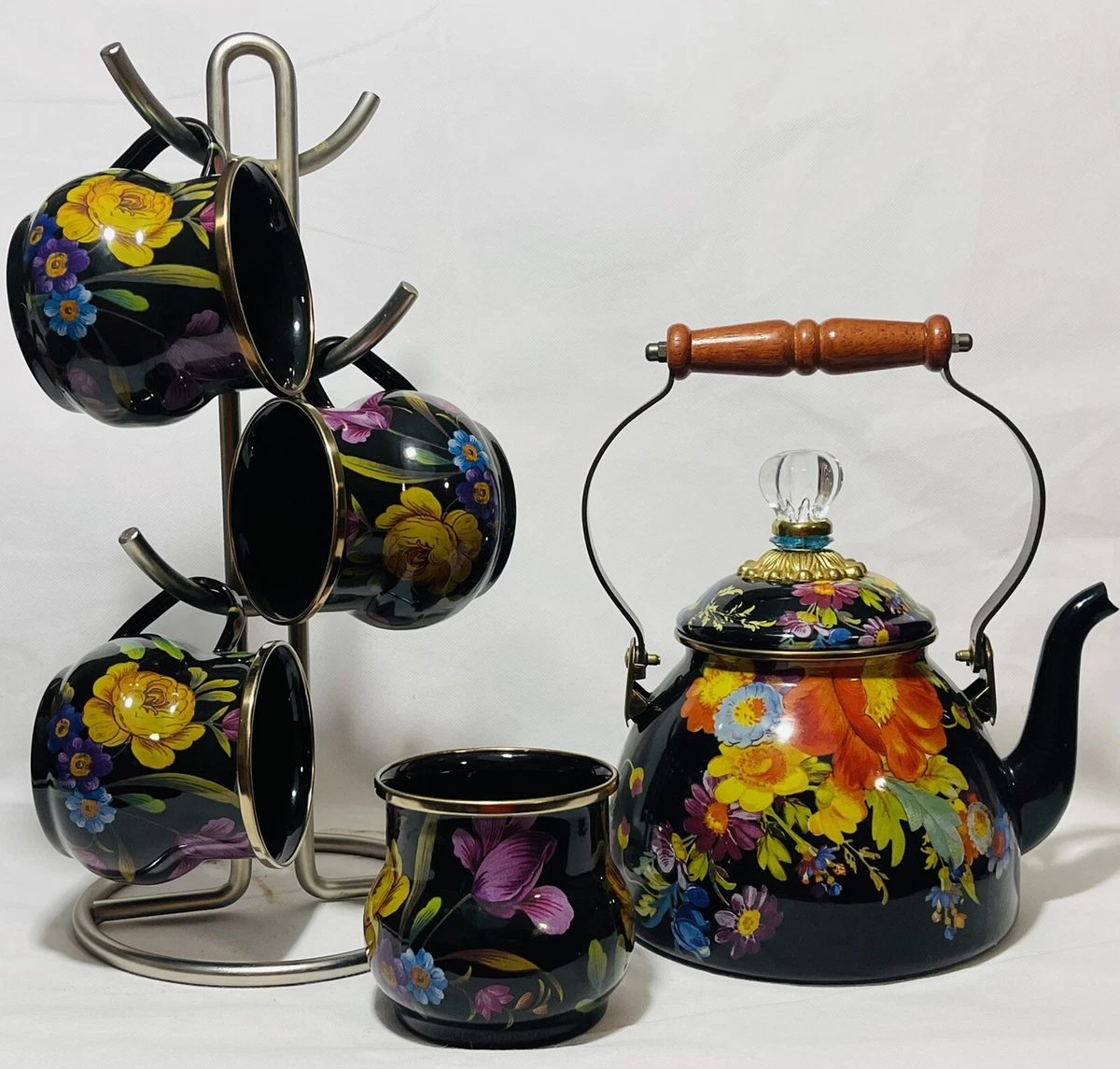 MacKenzie-Childs Black Flower Market 2 Quart Tea Kettle