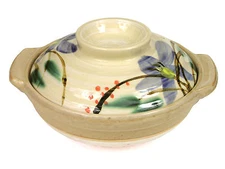 Japanese 11.5" Earthenware Donabe Casserole Pot & Lid Kikyo Flower Made In Japan