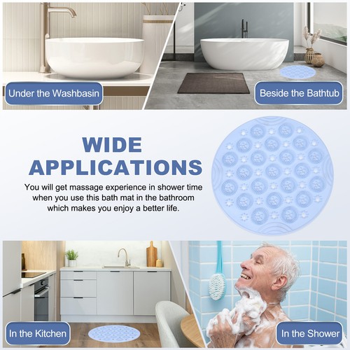 11.81 x 11.81" Round Non-slip Shower Mat with Suction Cup & Drain Hole, Blue - Picture 7 of 7