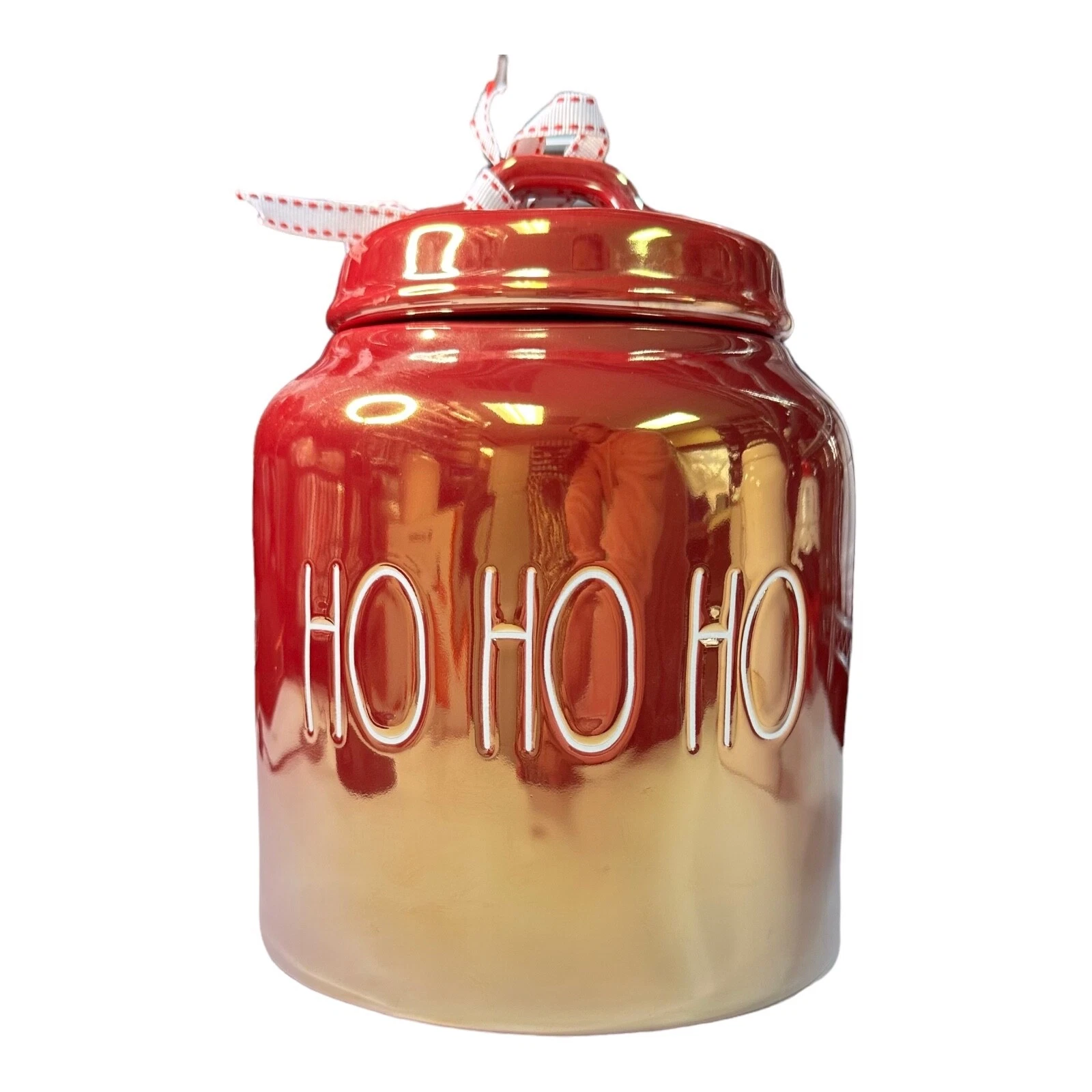Rae Dunn "HO HO HO" Iridescent Red Chubby Canister