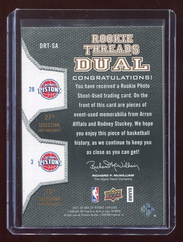 2007-08 SP Rookie Threads Dual Jersey #DRT-SA Arron Afflalo & Rodney Stuckey RC - Picture 2 of 2