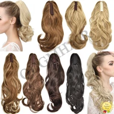 US Thick Claw Clip in Hair Extension Natural Jaw Ponytail Wavy Curly Hair Piece 