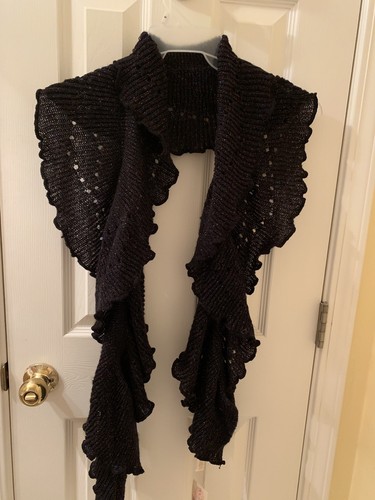 Ruffled Black Scarf With Colored Lux Tweed Threads 70” - Picture 5 of 8