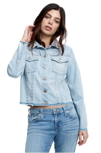 True Religion Women's Cropped Boyfriend Trucker Denim Jacket Small Pale Sapphire - Picture 1 of 9