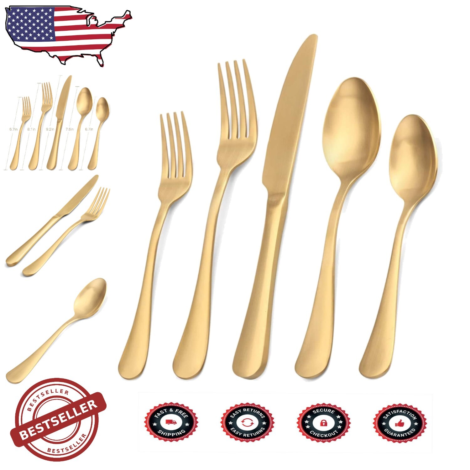 Modern Matte Gold 40-Piece Flatware Set for 8 - Durable Stainless Steel