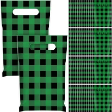 100 Piece Christmas Plastic Gift Bags Bulk Green Buffalo Plaid Candy Bags with H