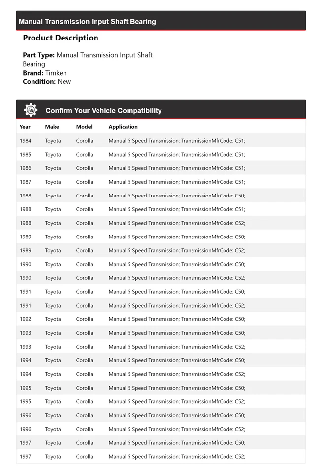 Cojinete de eje de entrada de transmisión manual Timken 1985 para Toyota Corolla 1984-1997 Foto 2 de 4