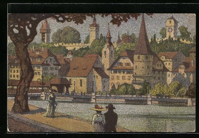 Künstler-AK Ernst E. Schlatter: Luzern, Musegg vom Bahnhof aus 