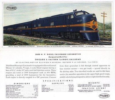 EMD Electro Motive GM General Motors Locomotives Data Card Chicago Eastern Ill