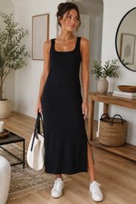Halara NWT XL Black Ribbed Sleeveless Midi Dress Side Slit Stretch