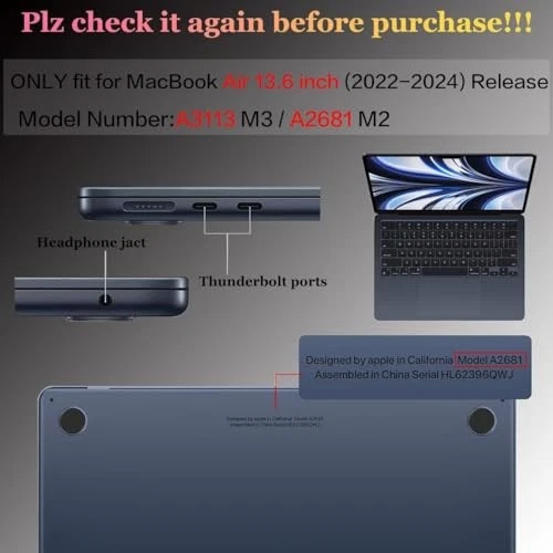 Compatible with MacBook Air 13.6 inch Case M3 A3113 M2 A2681 2025 2024 2023 - Picture 4 of 7