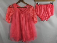 VTG 60s Pink Chiffon Lace 3pc Babydoll Nightgown Peignoir Robe Set Sz Medium
