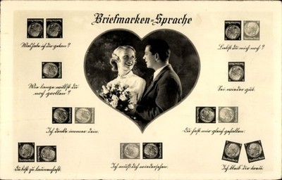 Ak Briefmarkensprache, Liebespaar, Blumenstrauß - 4906178