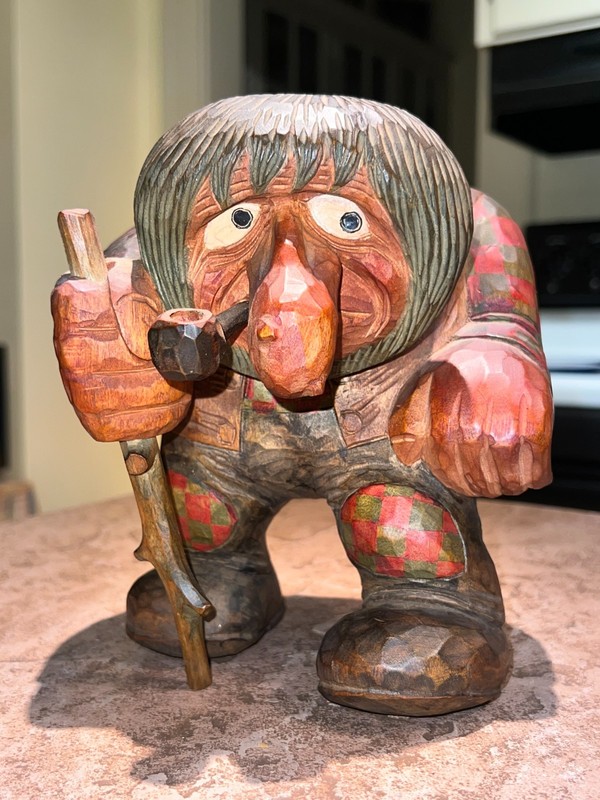 Vintage Anton Sveen Mid Century Norway Hand Carved Troll, Pipe, Walking Stick